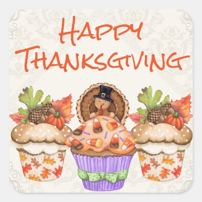 Cute Holiday Cupcakes Happy Thanksgiving Square Sticker (Front)