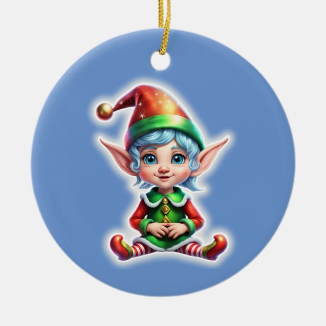 Cute Holiday Elf Ceramic Ornament (Front)