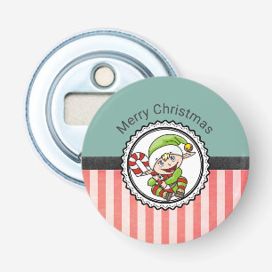 Cute Holiday Elf with Candy Cane Merry Christmas Bottle Opener