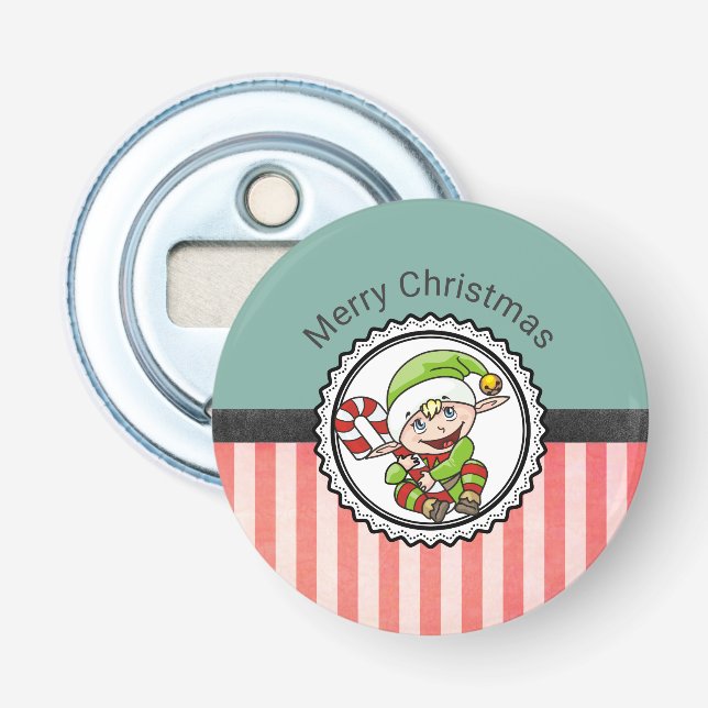 Cute Holiday Elf with Candy Cane Merry Christmas Bottle Opener (Front)