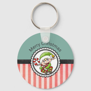 Cute Holiday Elf with Candy Cane Merry Christmas Keychain