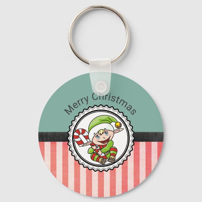 Cute Holiday Elf with Candy Cane Merry Christmas Keychain (Front)