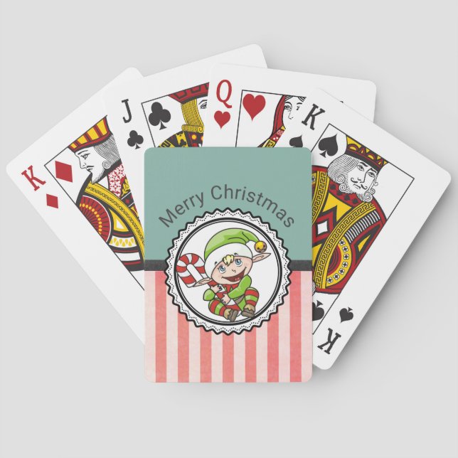Cute Holiday Elf with Candy Cane Merry Christmas Playing Cards (Back)