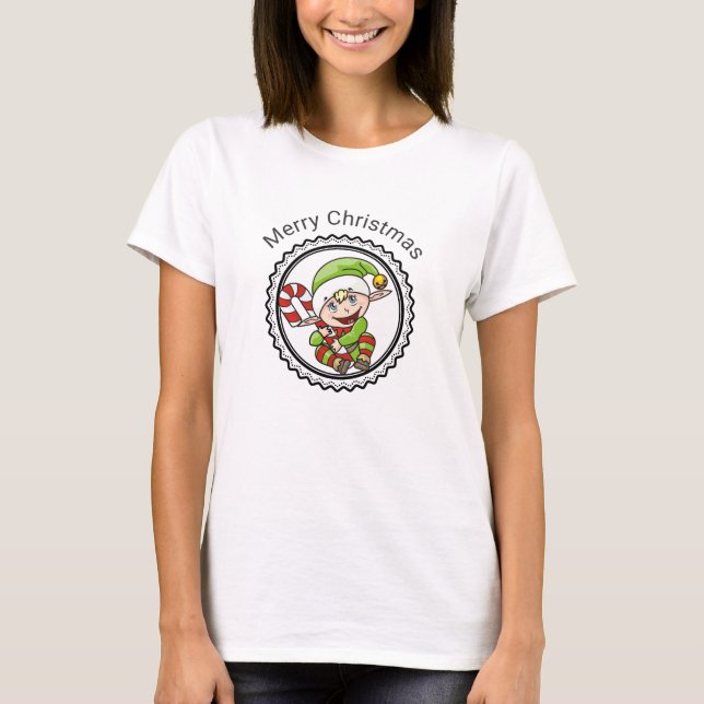 Cute Holiday Elf with Candy Cane Merry Christmas T-Shirt (Front)