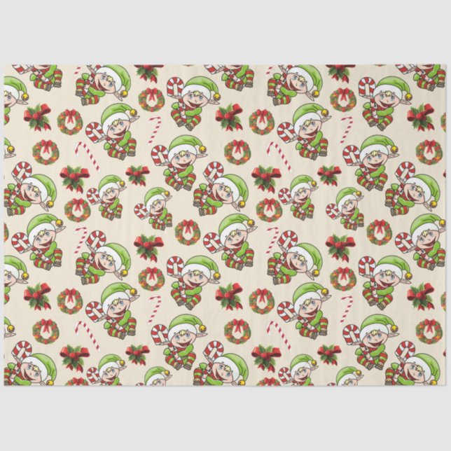 Cute Holiday Elf with Decorative Christmas Designs Tissue Paper (Front)
