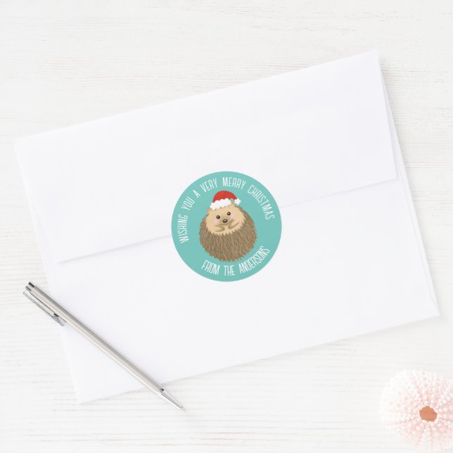 Cute Holiday Hedgehog Classic Round Sticker (Envelope)