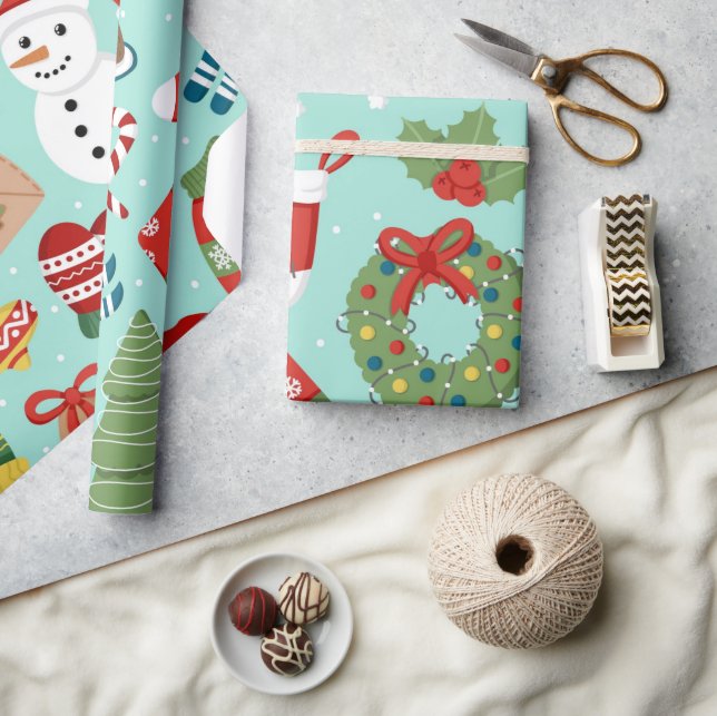 Cute Holiday Icons Snowman Mint Blue Christmas Wrapping Paper (Crafts)