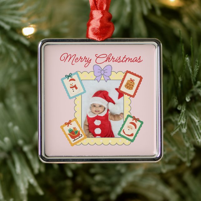 Cute Holiday Keepsake with Festive Pastel Frames  Metal Ornament (Tree)
