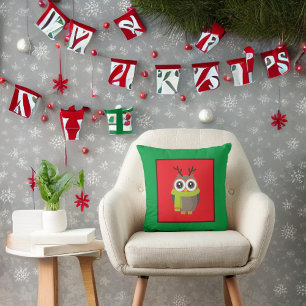 Cute Holiday Owl on Red and Green Throw Pillow