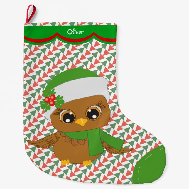 Cute Holiday Owl Pattern Personalized Large Christmas Stocking (Front)