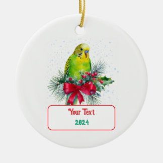 Cute Holiday Parakeet and Christmas Bow Ceramic Ornament