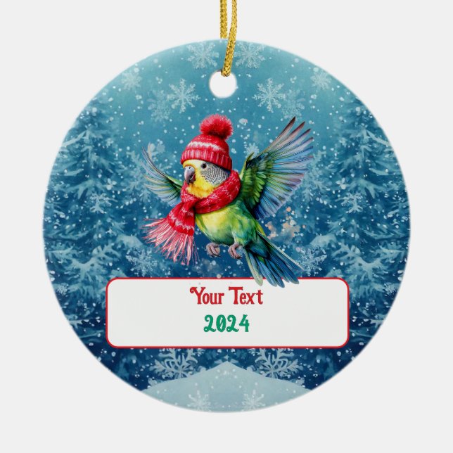 Cute Holiday Parakeet Ceramic Ornament (Front)