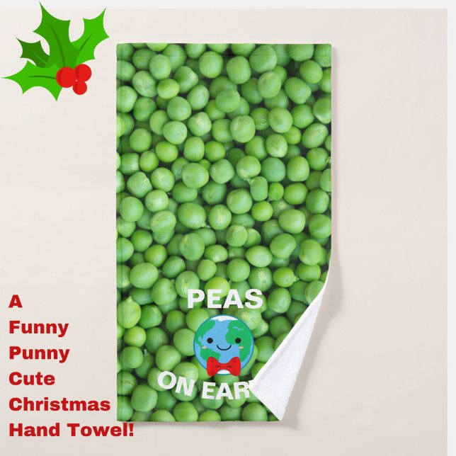 Cute Holiday "Peas on Earth" Serviette à main (Deck the Halls (of your bathroom) with this cute, funny, festive and punny Christmas hand towel!)