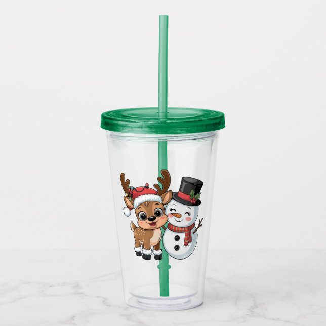 Cute Holiday Reindeer & Snowman Acrylic Tumbler (Front)