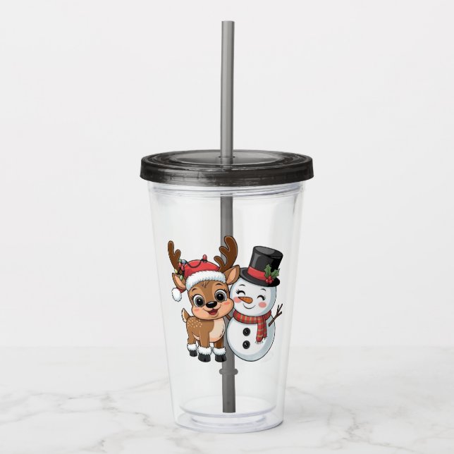 Cute Holiday Reindeer & Snowman Acrylic Tumbler (Front)