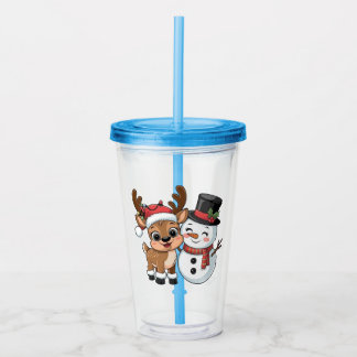 Cute Holiday Reindeer & Snowman Acrylic Tumbler