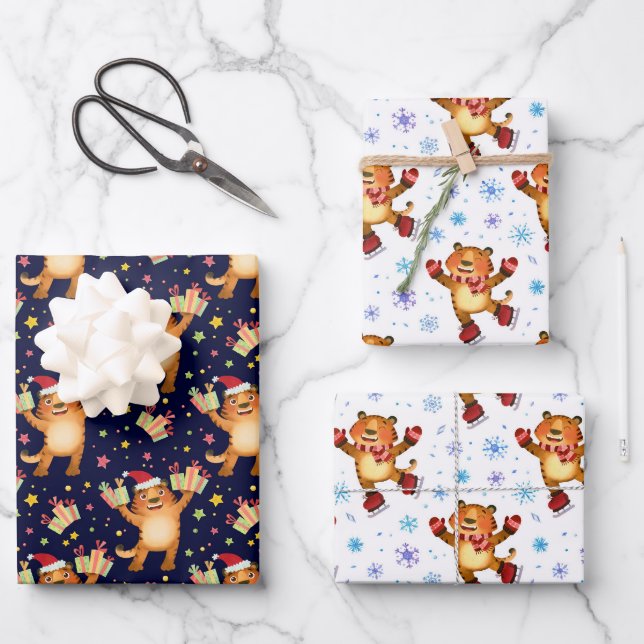 Cute Holiday Tiger Wrapping Paper Sheets (Front)