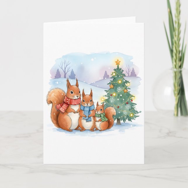 Cute Holiday Watercolor Squirrel Family Christmas Card (Front)