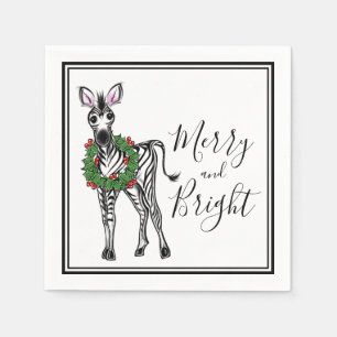 Cute Holiday Zebra drawing with Holly wreath Napkin