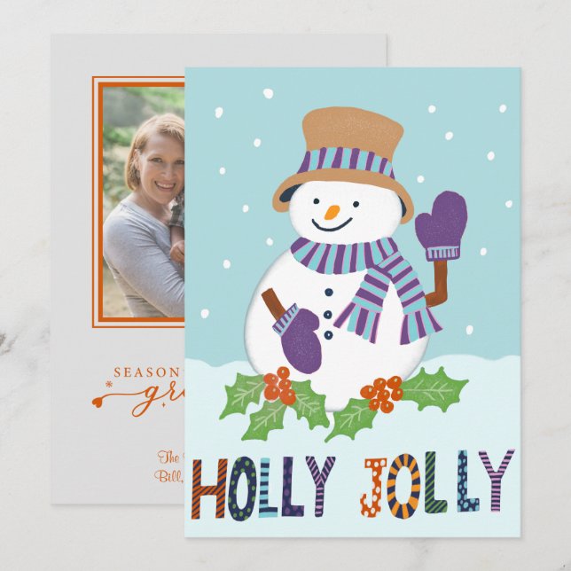 Cute Holly Jolly Snowman Christmas Holiday Photo  (Front/Back)