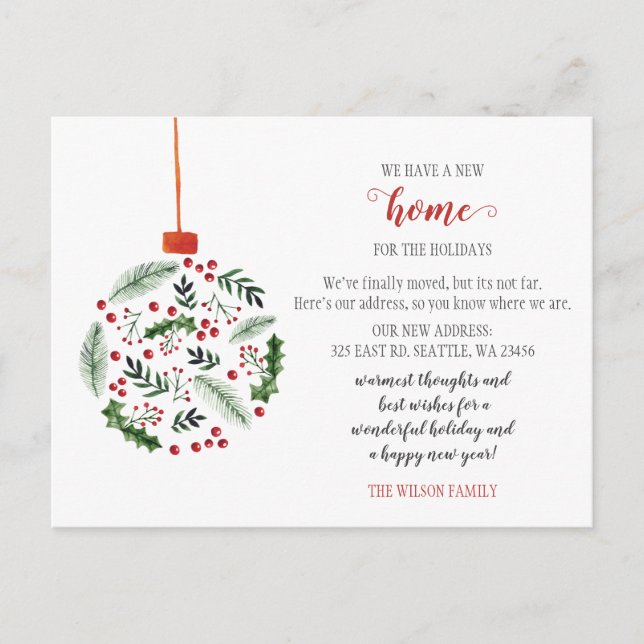 Cute Holly Ornament Weve Moved Holiday Moving Postcard (Front)