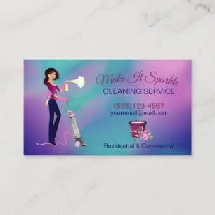 Cute Holograph Cartoon Maid Cleaning Services Business Card