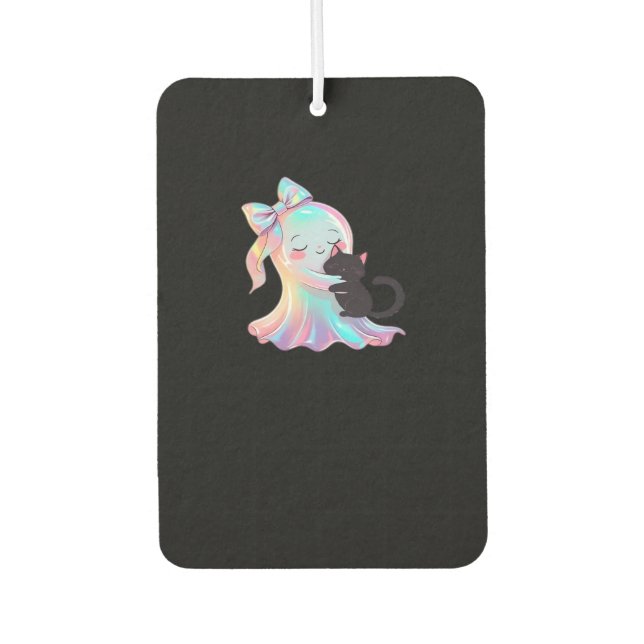 Cute Holographic Ghost Hugging Black Cat Cozy Girl Air Freshener (Front)