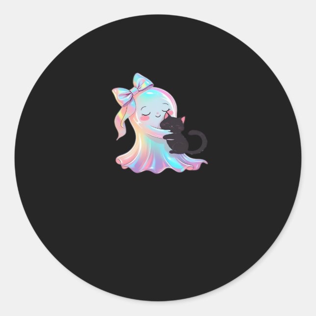 Cute Holographic Ghost Hugging Black Cat Cozy Girl Classic Round Sticker (Front)