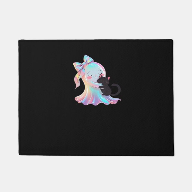 Cute Holographic Ghost Hugging Black Cat Cozy Girl Doormat (Front)