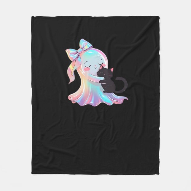 Cute Holographic Ghost Hugging Black Cat Cozy Girl Fleece Blanket (Front)