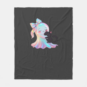 Cute Holographic Ghost Hugging Black Cat Cozy Girl Fleece Blanket