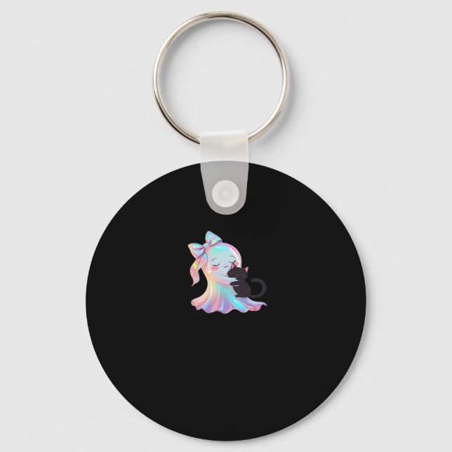 Cute Holographic Ghost Hugging Black Cat Cozy Girl Keychain (Front)