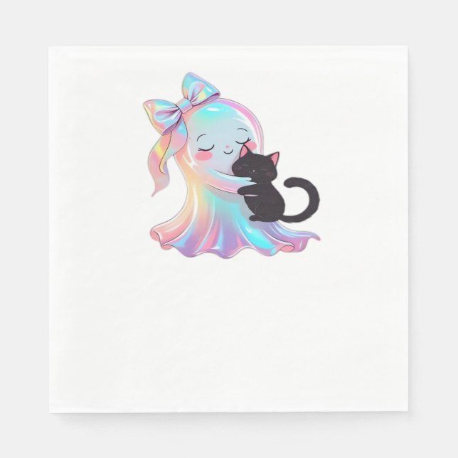 Cute Holographic Ghost Hugging Black Cat Cozy Girl Napkin (Front)