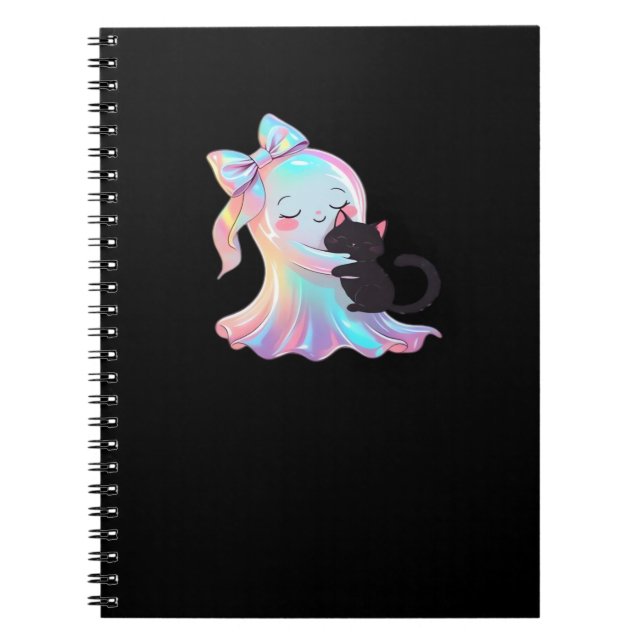 Cute Holographic Ghost Hugging Black Cat Cozy Girl Notebook (Front)