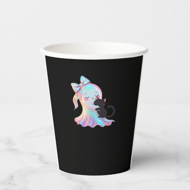 Cute Holographic Ghost Hugging Black Cat Cozy Girl Paper Cups (Front)