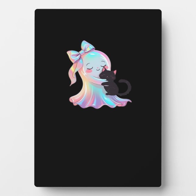 Cute Holographic Ghost Hugging Black Cat Cozy Girl Plaque (Front)