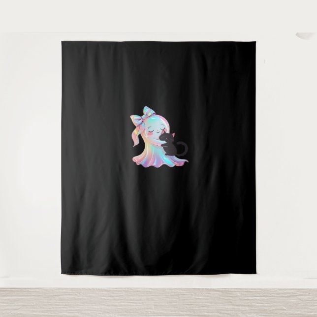 Cute Holographic Ghost Hugging Black Cat Cozy Girl Tapestry (Front)
