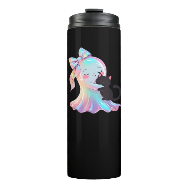 Cute Holographic Ghost Hugging Black Cat Cozy Girl Thermal Tumbler (Front)