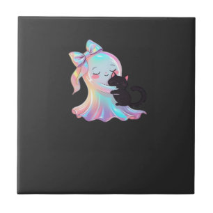 Cute Holographic Ghost Hugging Black Cat Cozy Girl Tile