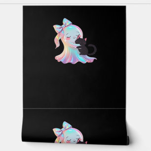 Cute Holographic Ghost Hugging Black Cat Cozy Girl Wallpaper