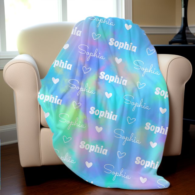 Cute holographic repeating name personalized girly fleece blanket (Creator Uploaded)