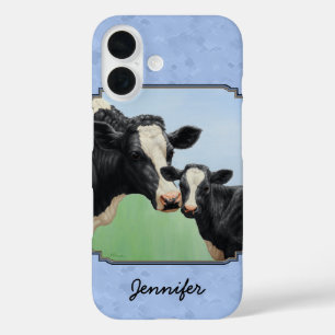Cute Holstein Calf & Cow Sky Blue iPhone 16 Case