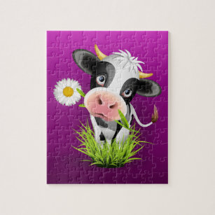 Cute Holstein cow in grass over purple Jigsaw Puzzle