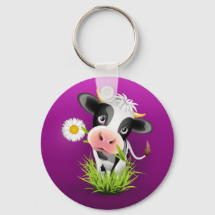 Cute Holstein cow in grass over purple Keychain