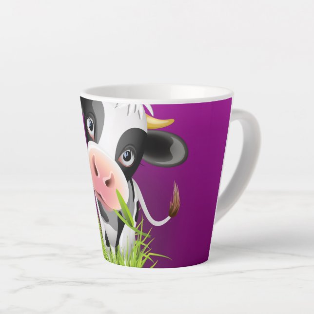 Cute Holstein cow in grass over purple Latte Mug (Right Angle)