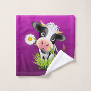 Cute Holstein cow in grass over purple Wash Cloth