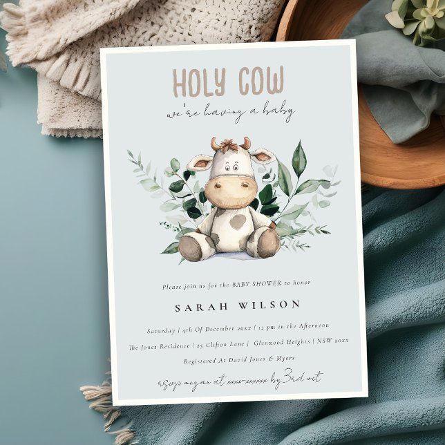 Cute Holy Cow Foliage Pastel Blue Baby Shower Invitation (Creator Uploaded)