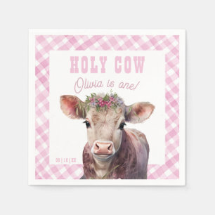 Cute Holy Cow I'm One Pink Plaid Birthday Party Napkin