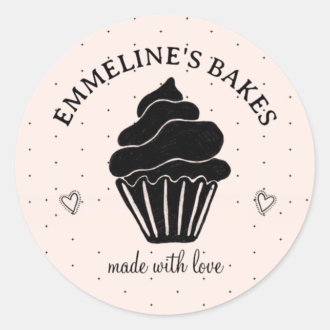 Cute Home Baker Illustrate Cupcake Pink Black  Classic Round Sticker (Front)