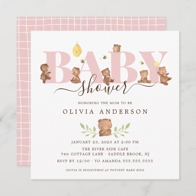 Cute Honey Bear Baby Shower Invitation (Front/Back)